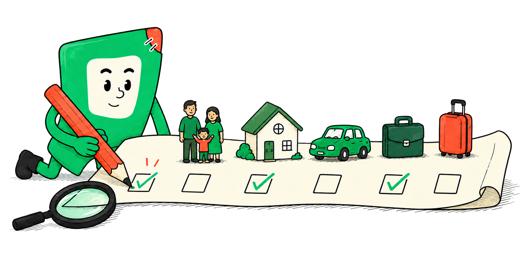Maskot Advisoro kontroluje zoznam oblastí poistenia — rodina, bývanie, auto, práca a cestovanie